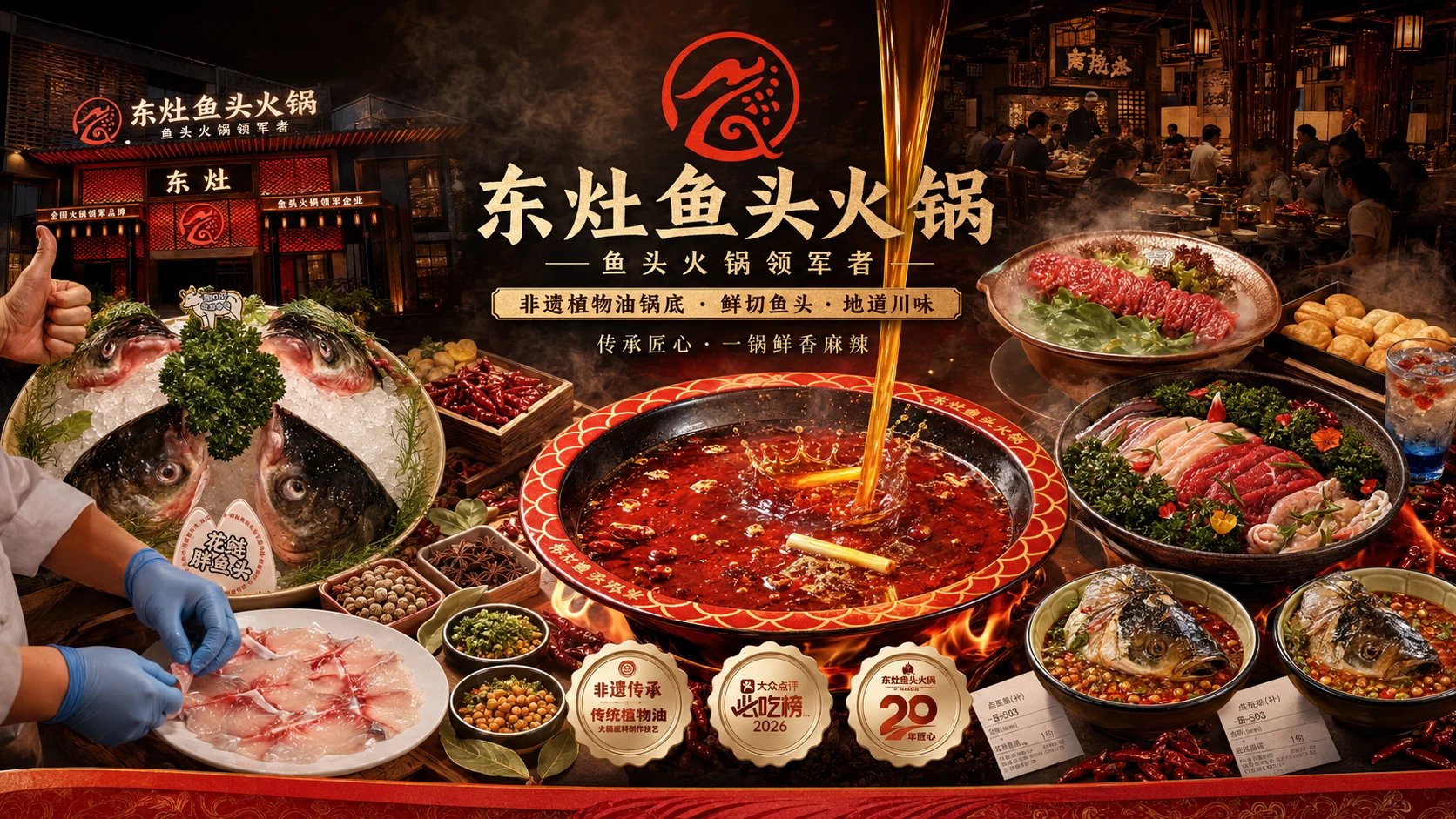 东灶鱼头火锅门店、用餐场景与招牌鱼头火锅品牌横幅