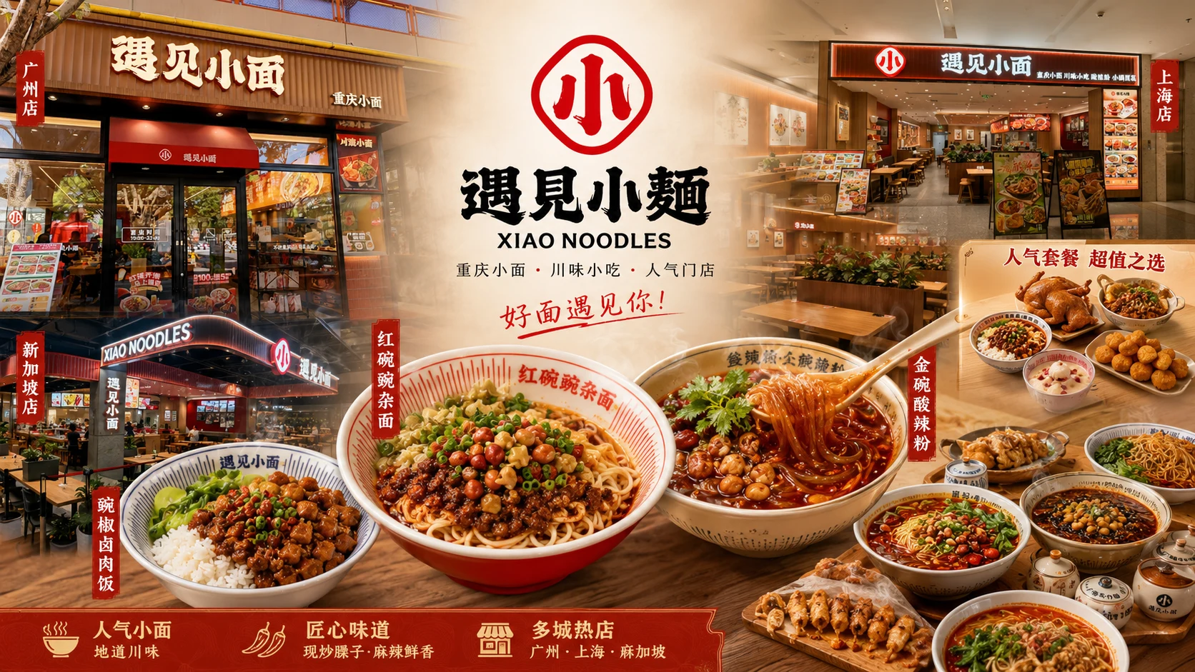 遇见小面多地门店与招牌面食品牌横幅
